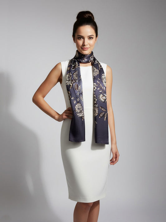 Dark gray stola scarf in pure silk satin printed FRANCESCA