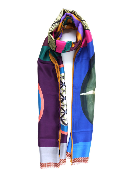 Electric Blue Scarf in pure printed silk doubled with Ocher colored wool ETHNIC