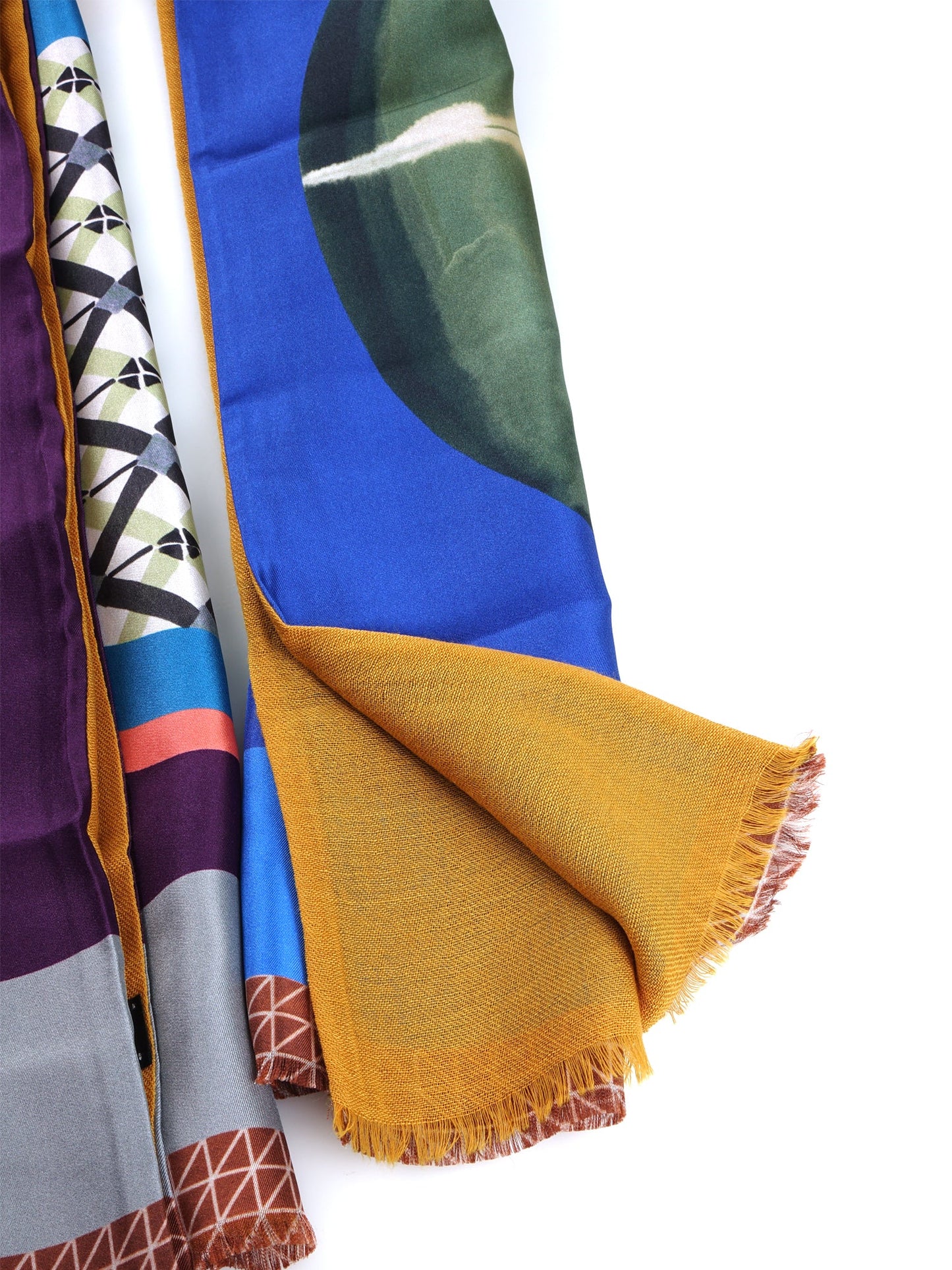 Electric Blue Scarf in pure printed silk doubled with Ocher colored wool ETHNIC