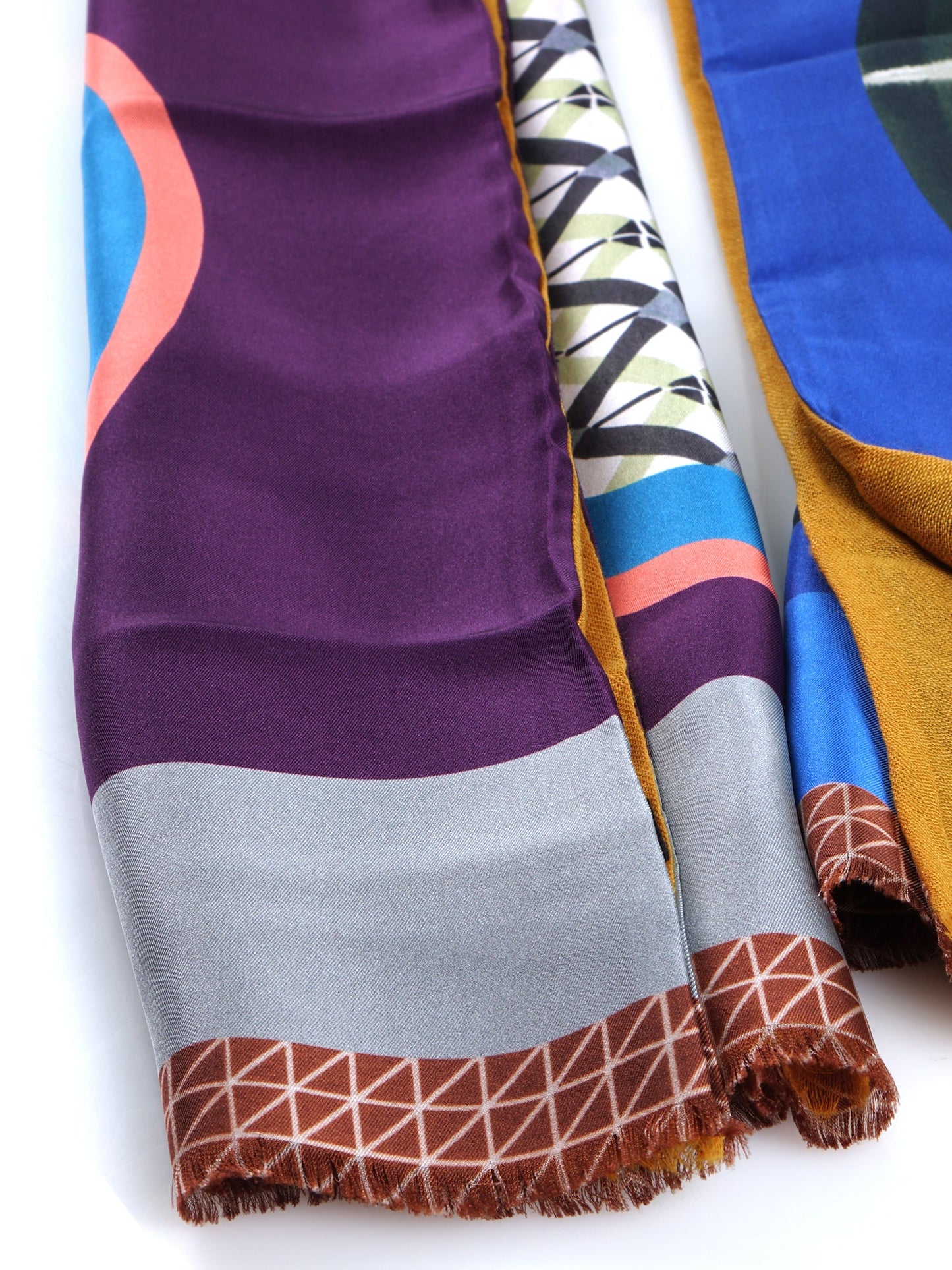 Electric Blue Scarf in pure printed silk doubled with Ocher colored wool ETHNIC