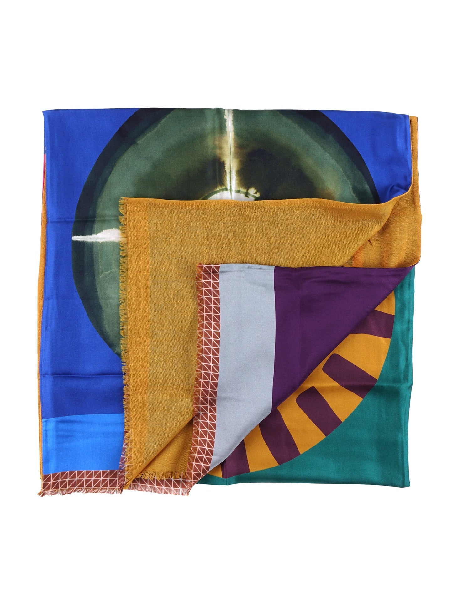 Electric Blue Scarf in pure printed silk doubled with Ocher colored wool ETHNIC