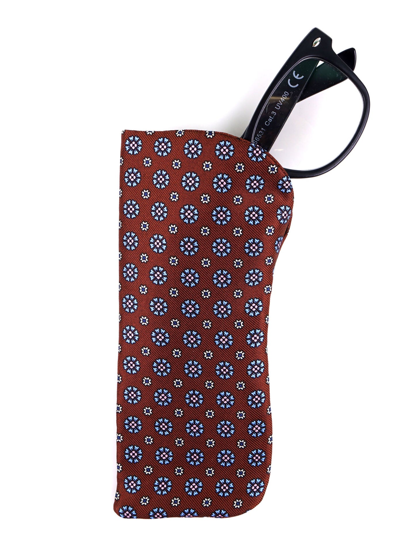 SENESE brown glasses case in English printed silk