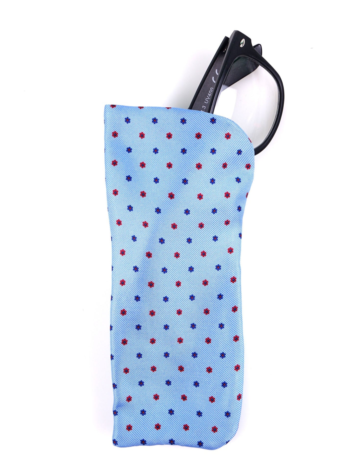 Severi light blue glasses case in English printed silk