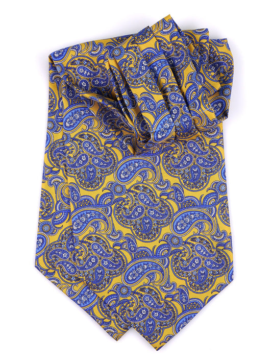 Yellow double-pointed ascot in printed silk SUNSEA