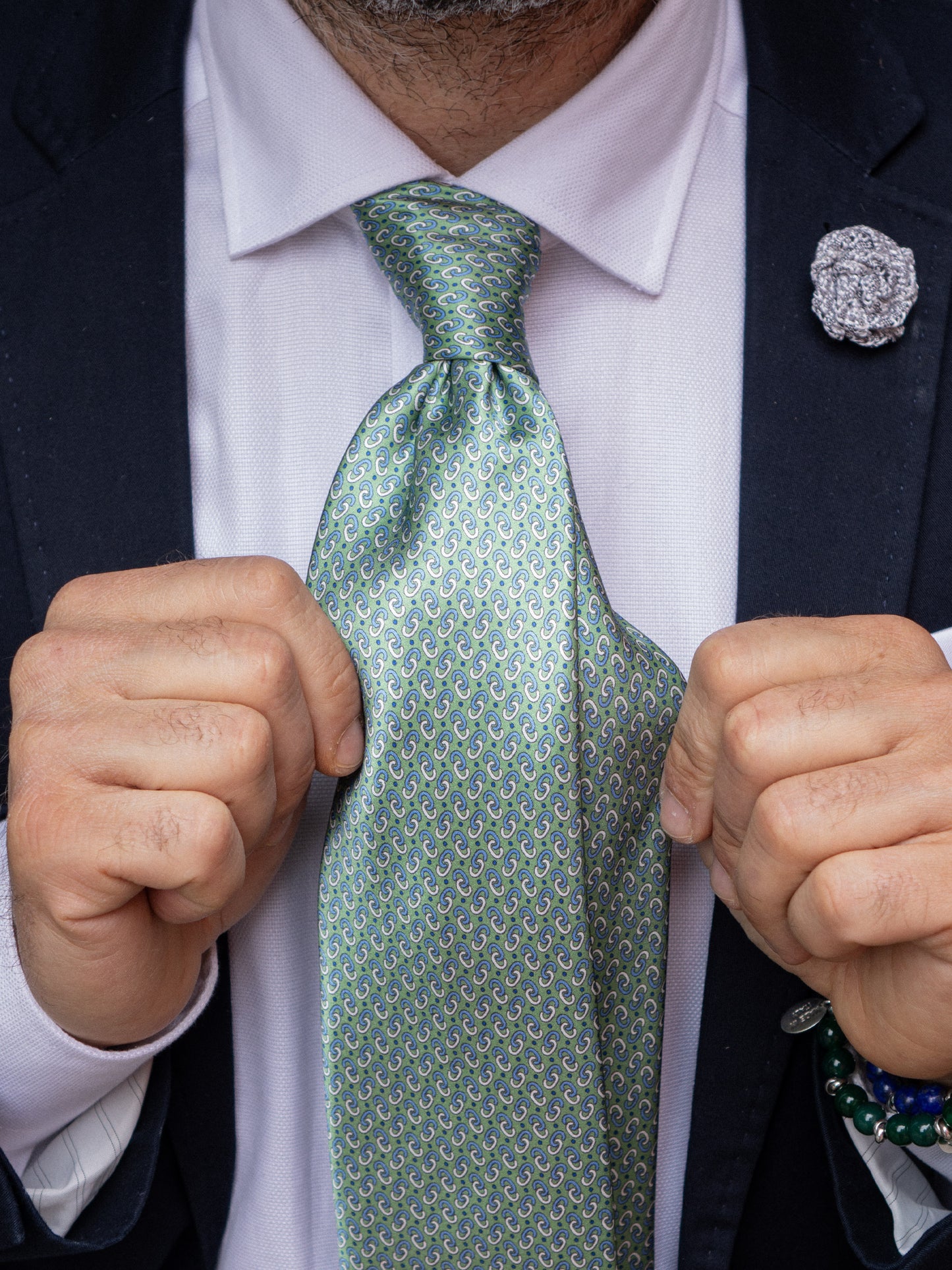 Green 3 Folds UNION Silk Satin Printed Tie