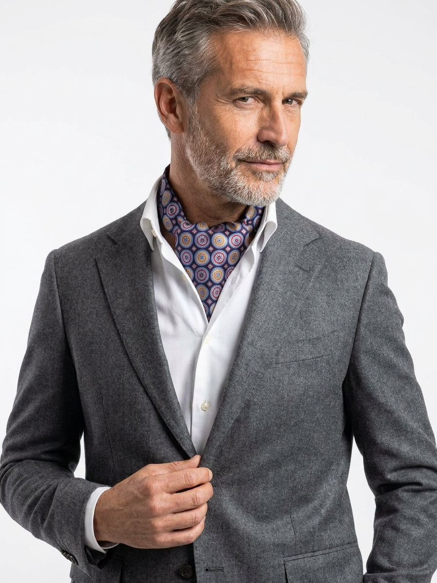 Ascot doppia punta blu in seta raso stampata GEMENS
