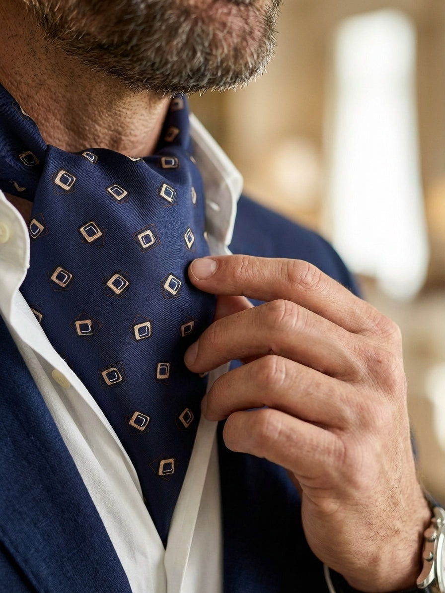 Ascot doppia punta blu scuro in seta stampata NOX