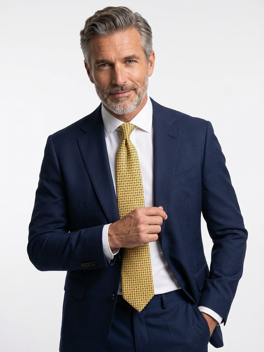 Cravatta 3 Pieghe gialla NAVì seta stampata inglese