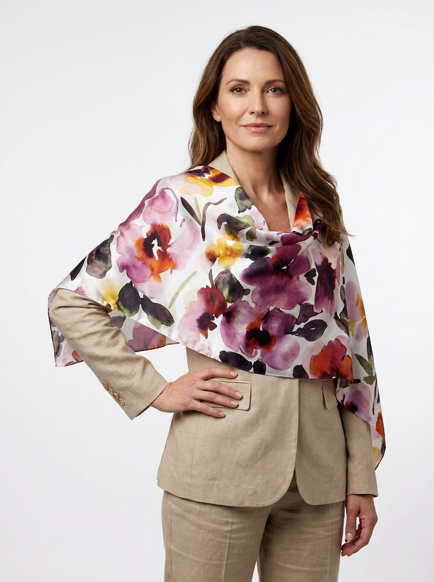 Stola in pura seta raso stampato con motivo floreale GARDEN