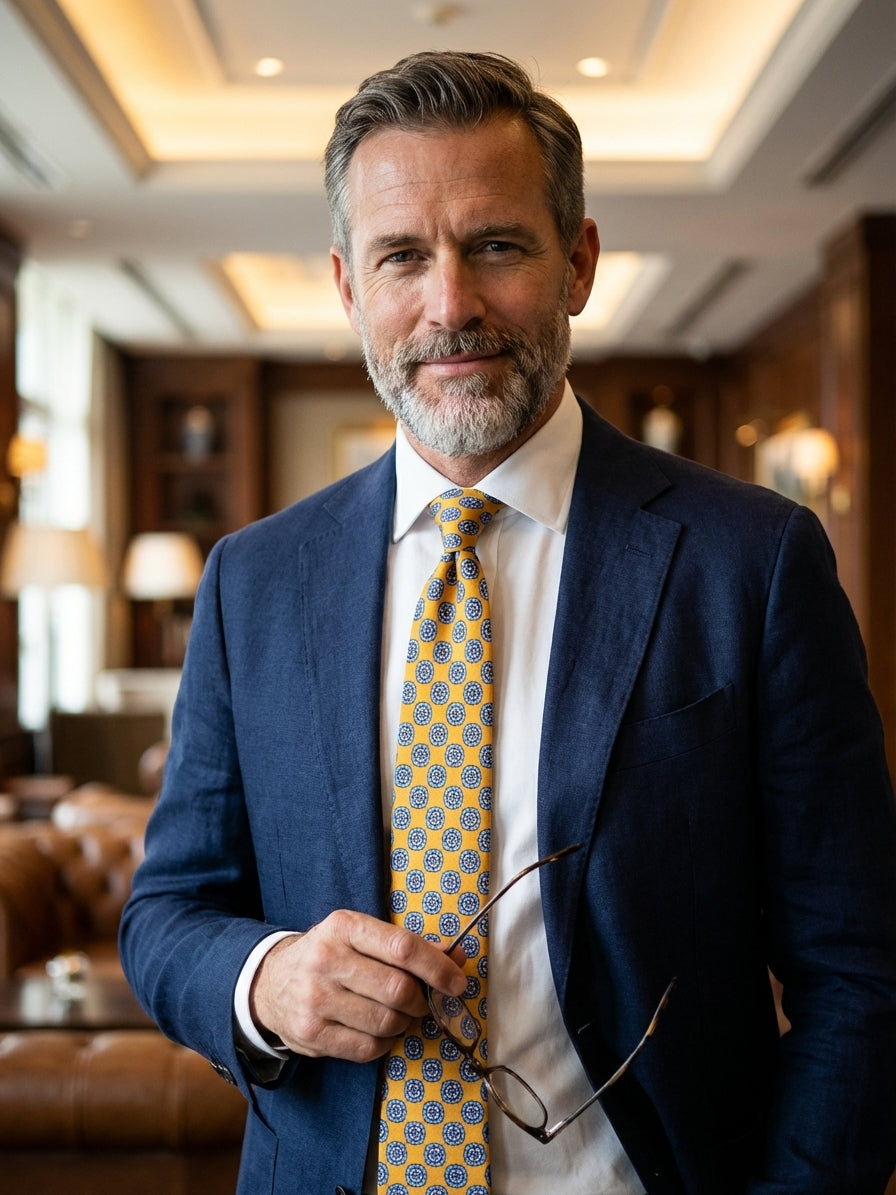 Cravatta 3 Pieghe gialla SUNFLOWER seta stampata inglese