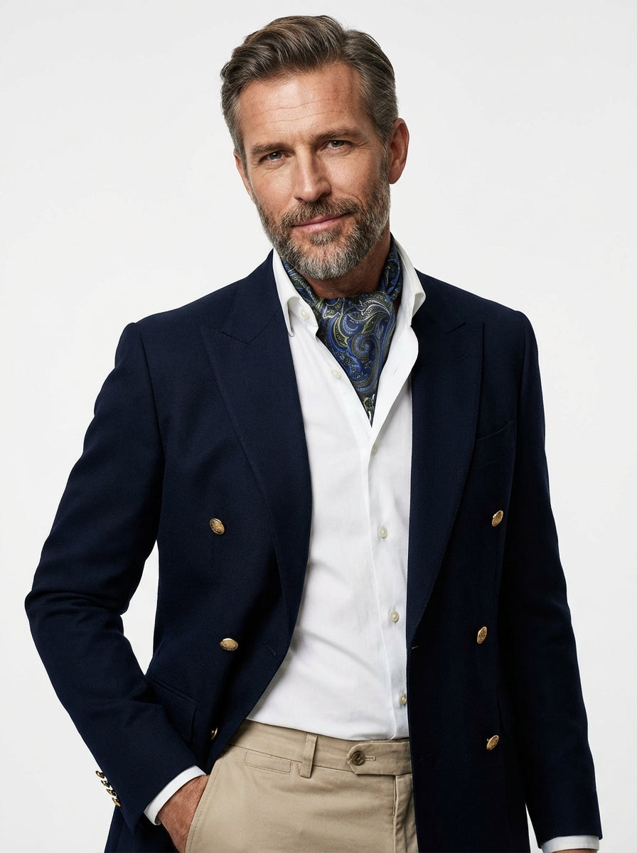 Ascot doppia punta blu/verde in seta stampata ACCIO