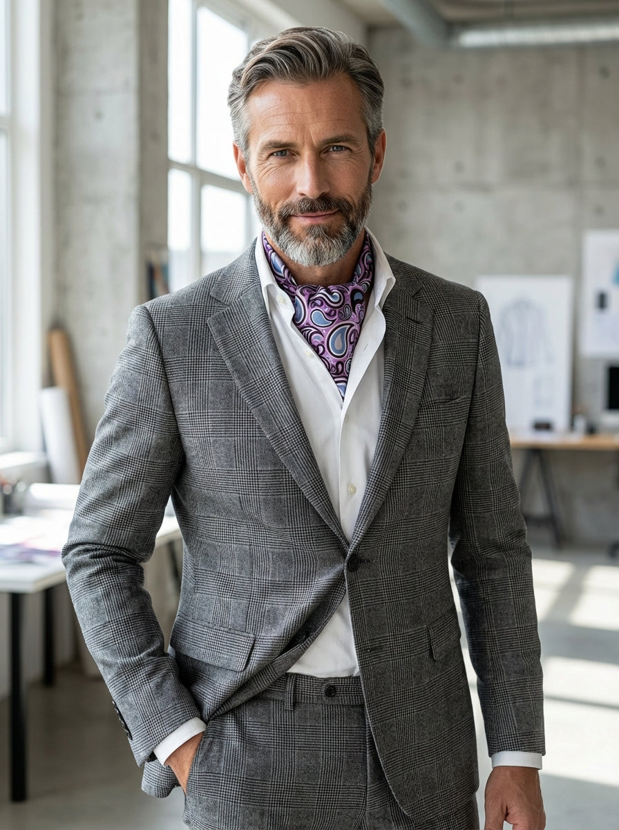 Ascot doppia punta lilla in seta raso stampata LILLY