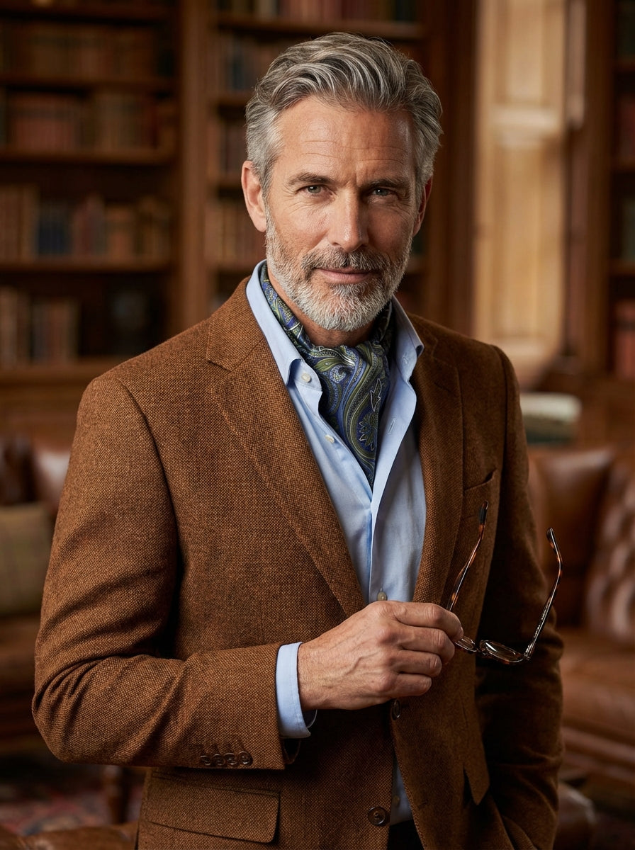 Ascot doppia punta blu/verde in seta stampata ACCIO