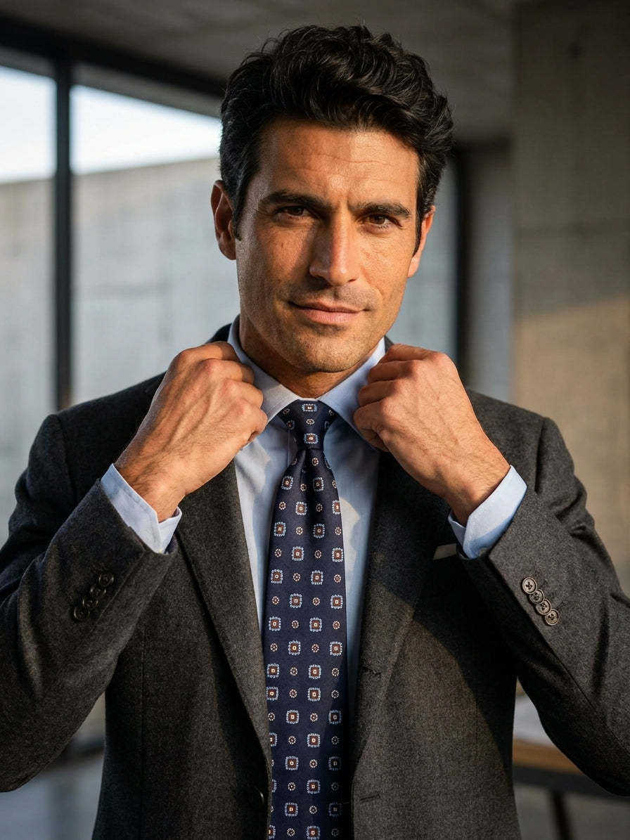 Cravatta 3 pieghe FEIN in seta stampata blu navy