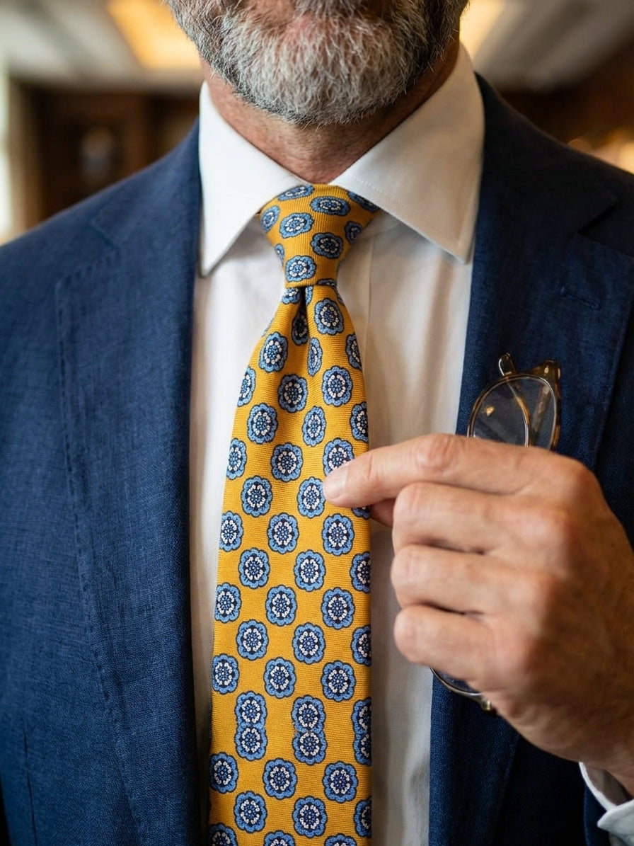 Cravatta 3 Pieghe gialla SUNFLOWER seta stampata inglese