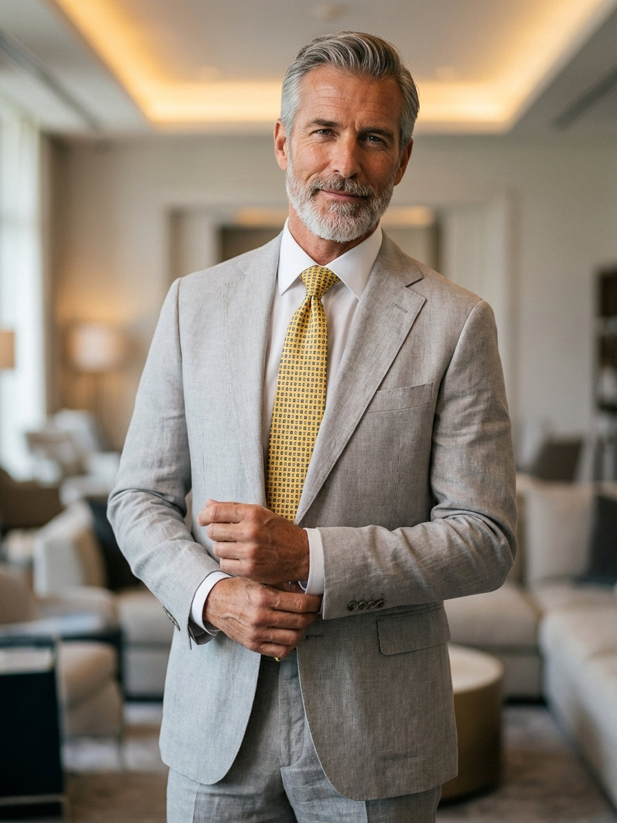 Cravatta 3 Pieghe gialla NAVì seta stampata inglese