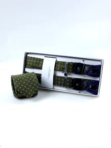 Green printed English silk suspender with laces and clip and matching necktie