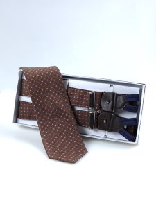 Brown printed English silk suspender with laces and clip and matching neckties