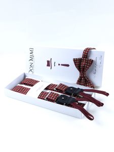 Bordeaux printed English silk suspender with laces and clip and matching bow tie